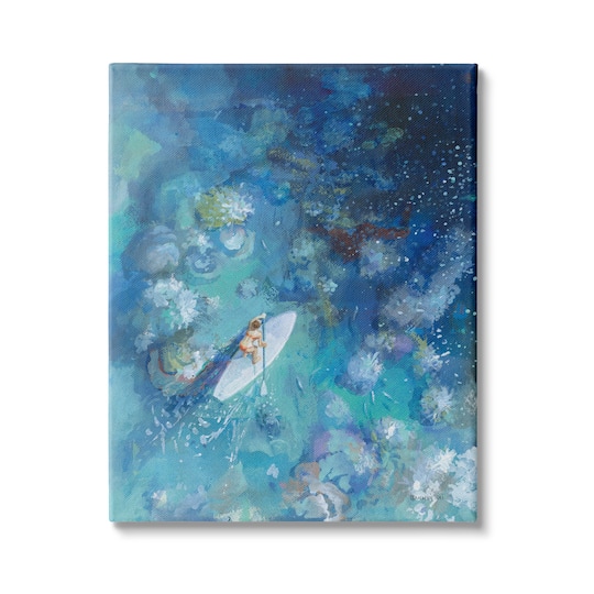 Stupell Industries Paddle Board Ocean Reef Tropical Scene Female Surfer Canvas Wall Art